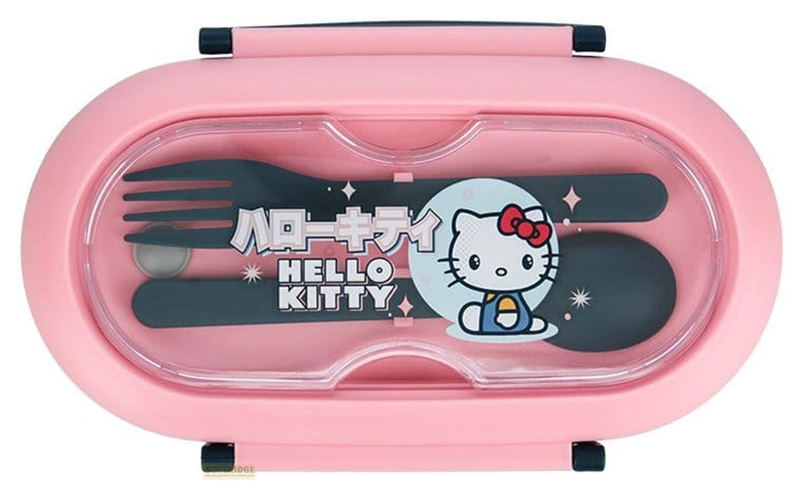 Rosa Lunchbox mit Hello Kitty Motiv, inklusive Gabel und Löffel.