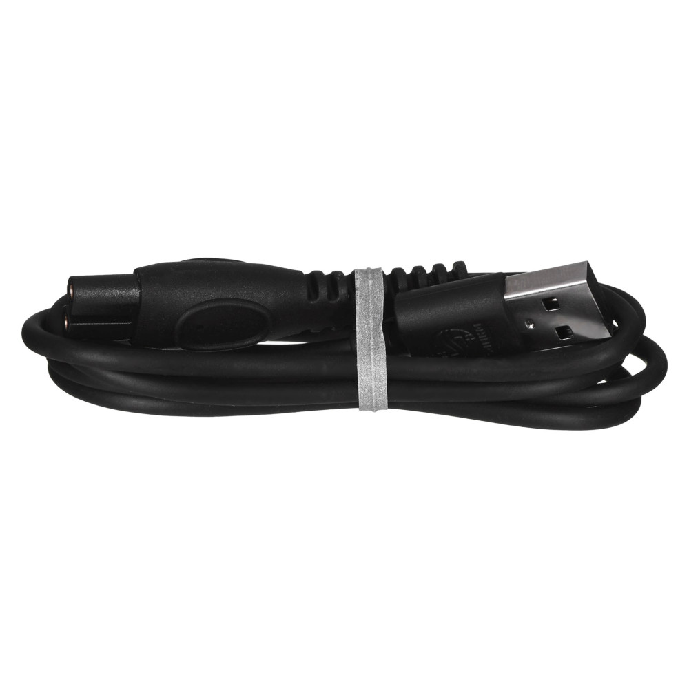 Zwarte kabel met USB en andere connector, gebundeld met band.