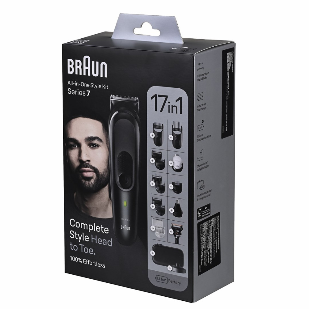 Pudełko Braun Series 7 All-in-One Style Kit: mężczyzna, trymer, 17 nasadek, ładowarka.