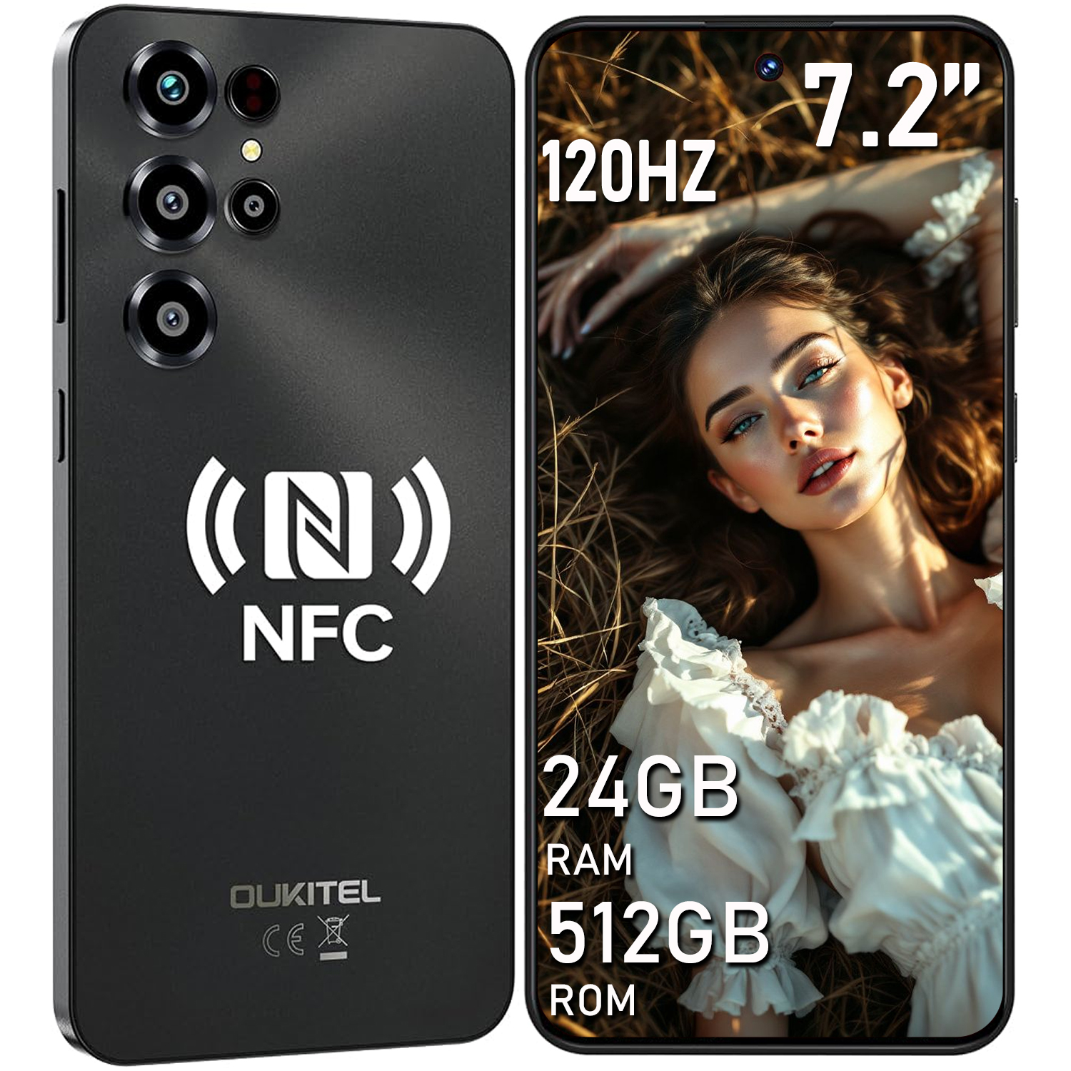 Schwarzes Smartphone mit 4 Kameras, NFC-Logo, 120Hz, 7,2 Zoll, 24GB RAM, 512GB ROM.