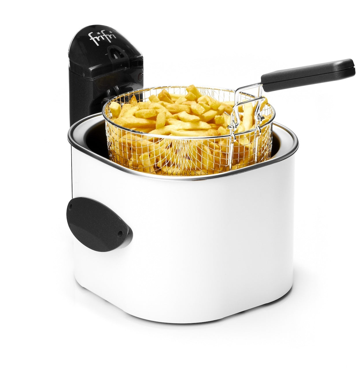 Eine weiße Fritteuse mit einem Korb voller goldener Pommes Frites.