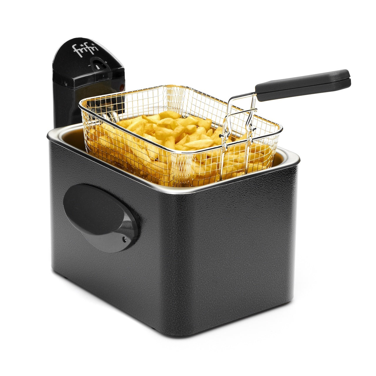 A black deep fryer with a full golden basket of french fries.