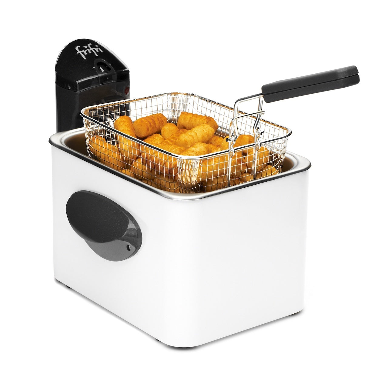 A white deep fryer with a basket full of golden brown croquettes. The fryer has a black lid with the Fritzi logo.