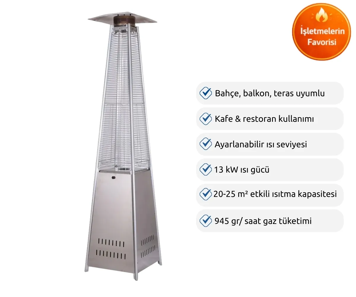 Uzun, ince, metalik piramit veranda ısıtıcısı, bahçe, balkon, kafe ve restoranlar için uygundur.