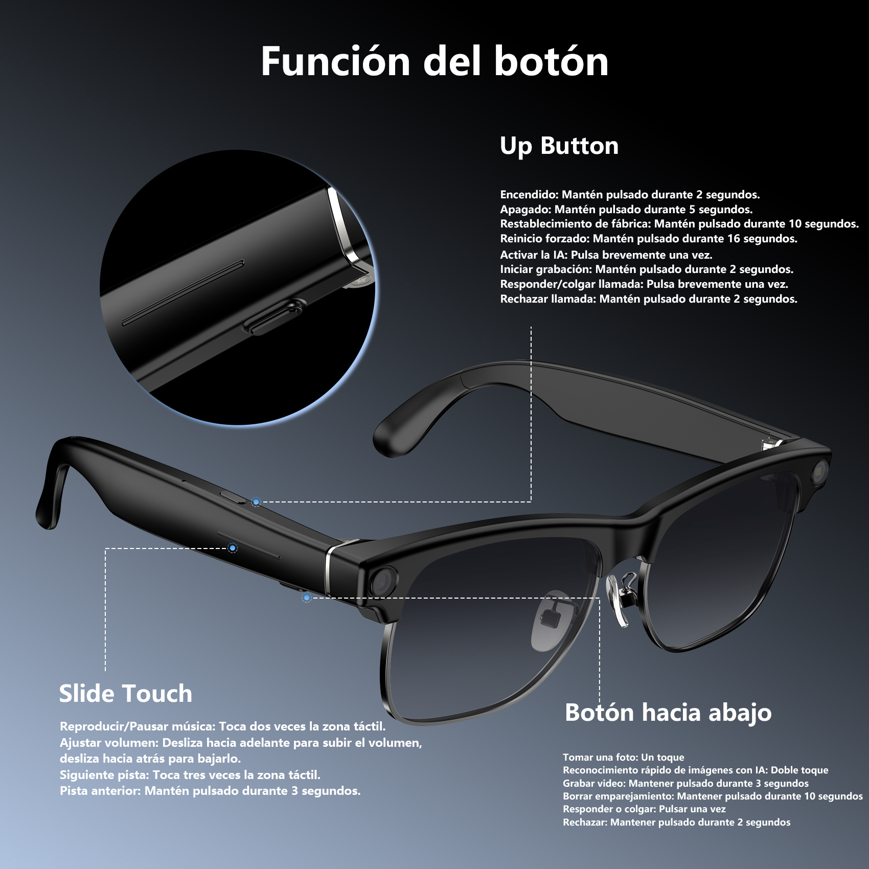 Gafas inteligentes negras con controles detallados para volumen y botones.