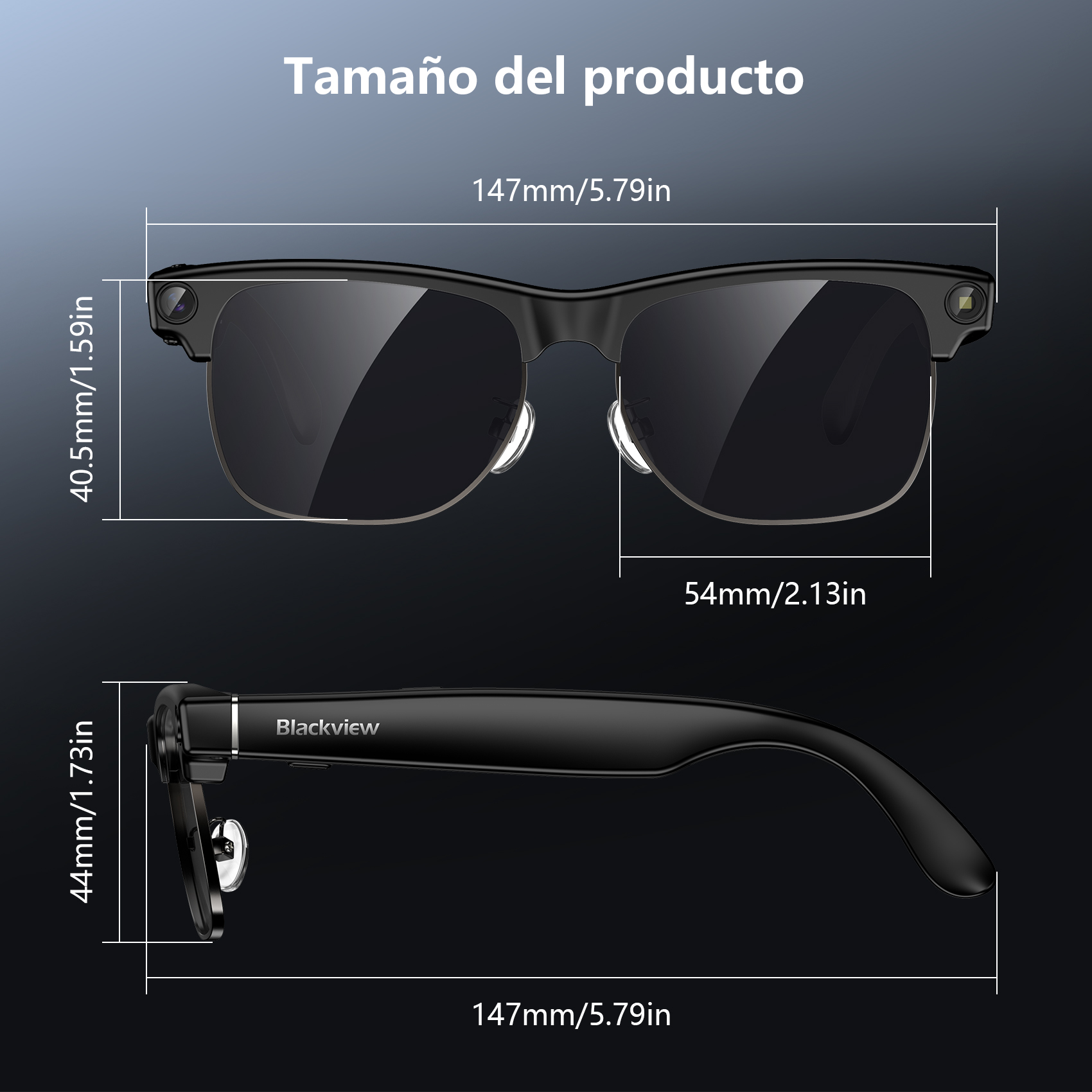 Dimensiones del producto: Gafas negras con cámaras, 147mm de ancho, 40.5mm de alto.