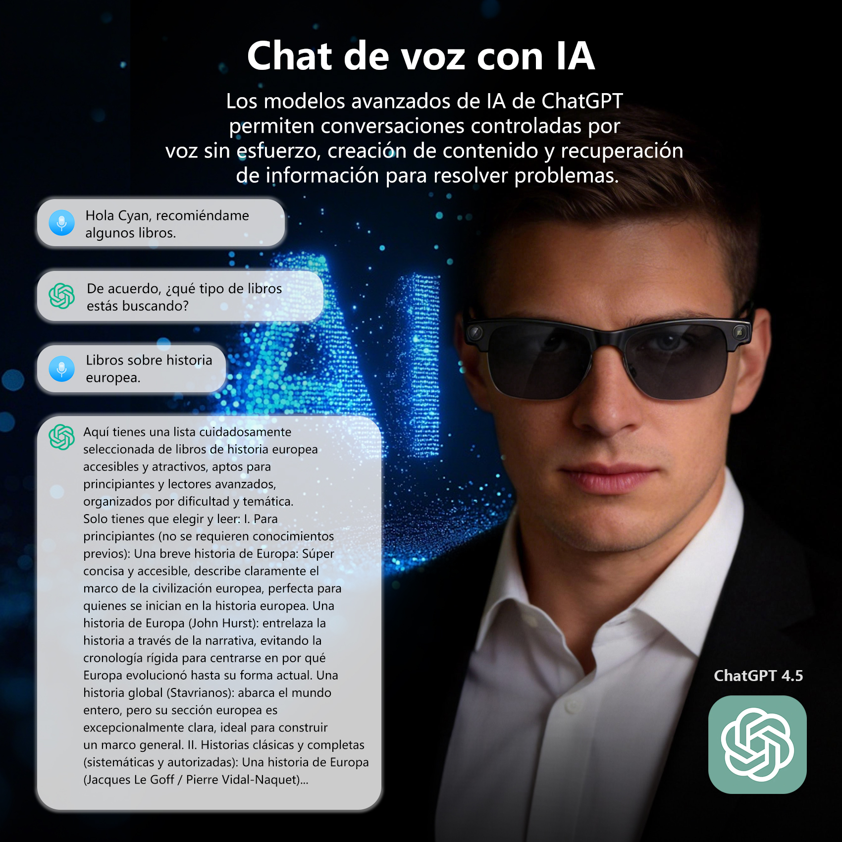 Hombre con gafas, frente a fondo generado por IA, con burbujas de chat.