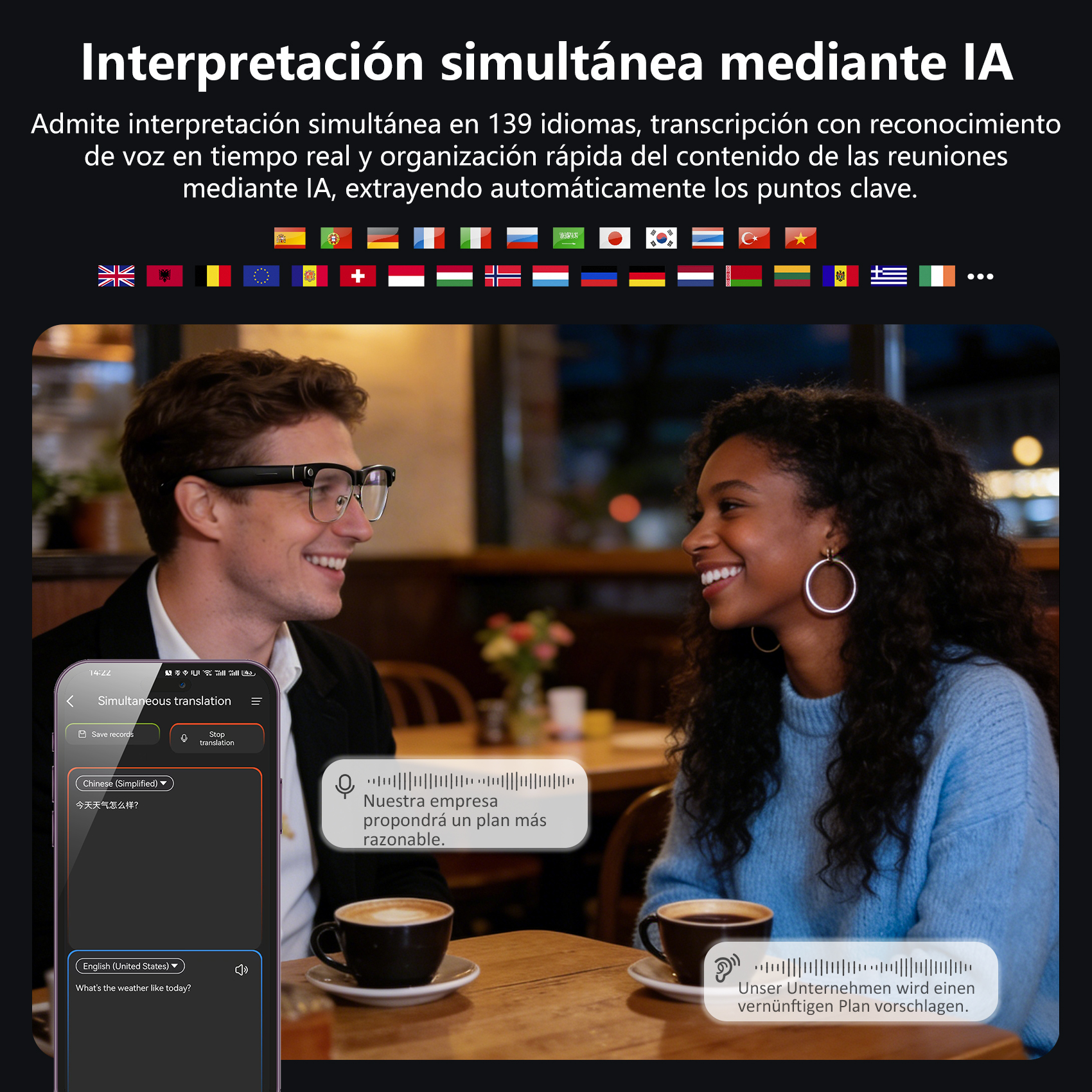 Hombre y mujer conversan, teléfono muestra app de traducción con banderas.