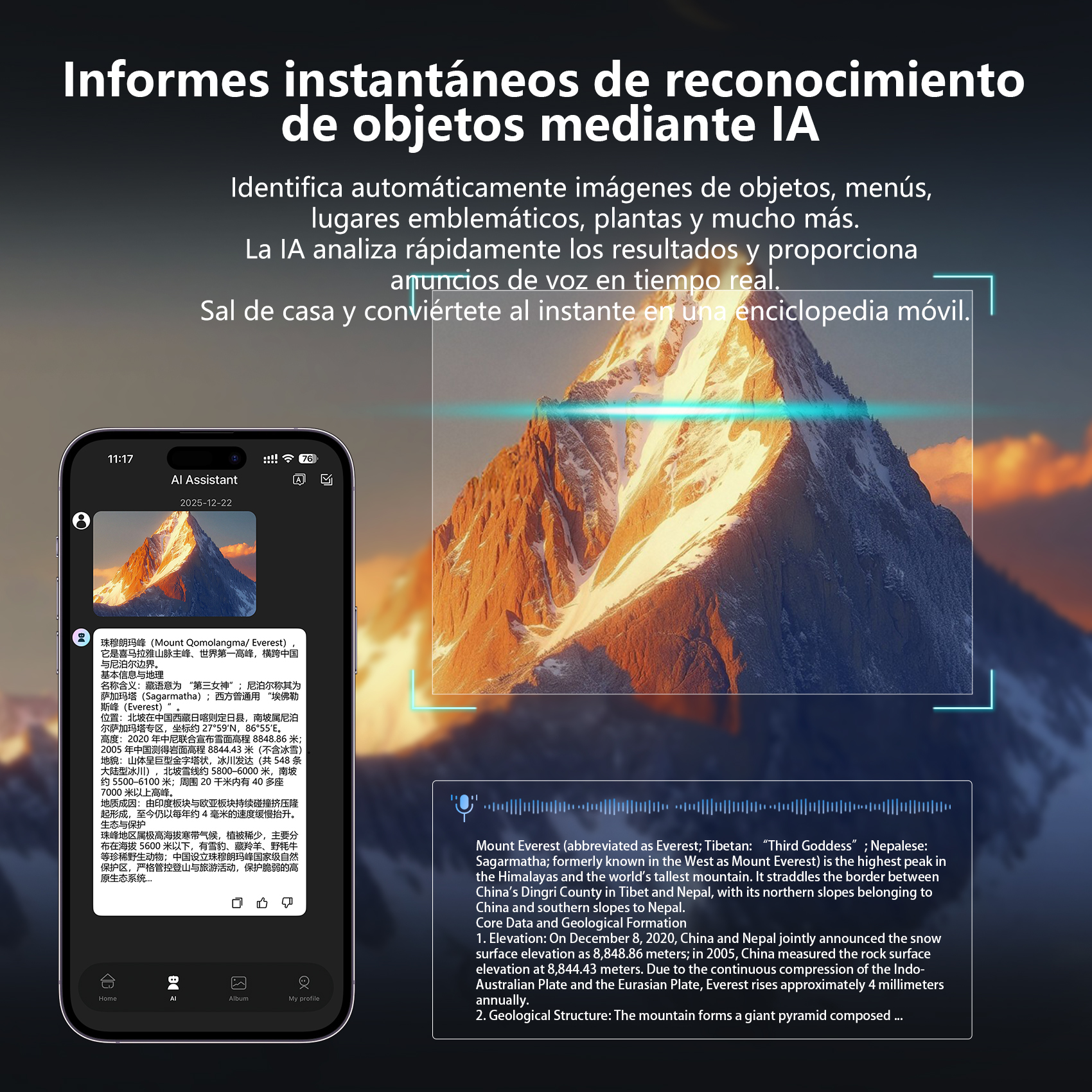 Un smartphone muestra información del Monte Everest con vista a la montaña.