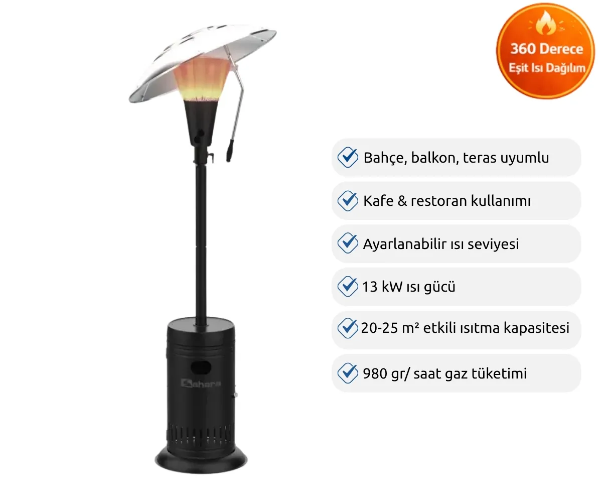 Gümüş şemsiyeli, görünür alevli siyah dış mekan ısıtıcısı.