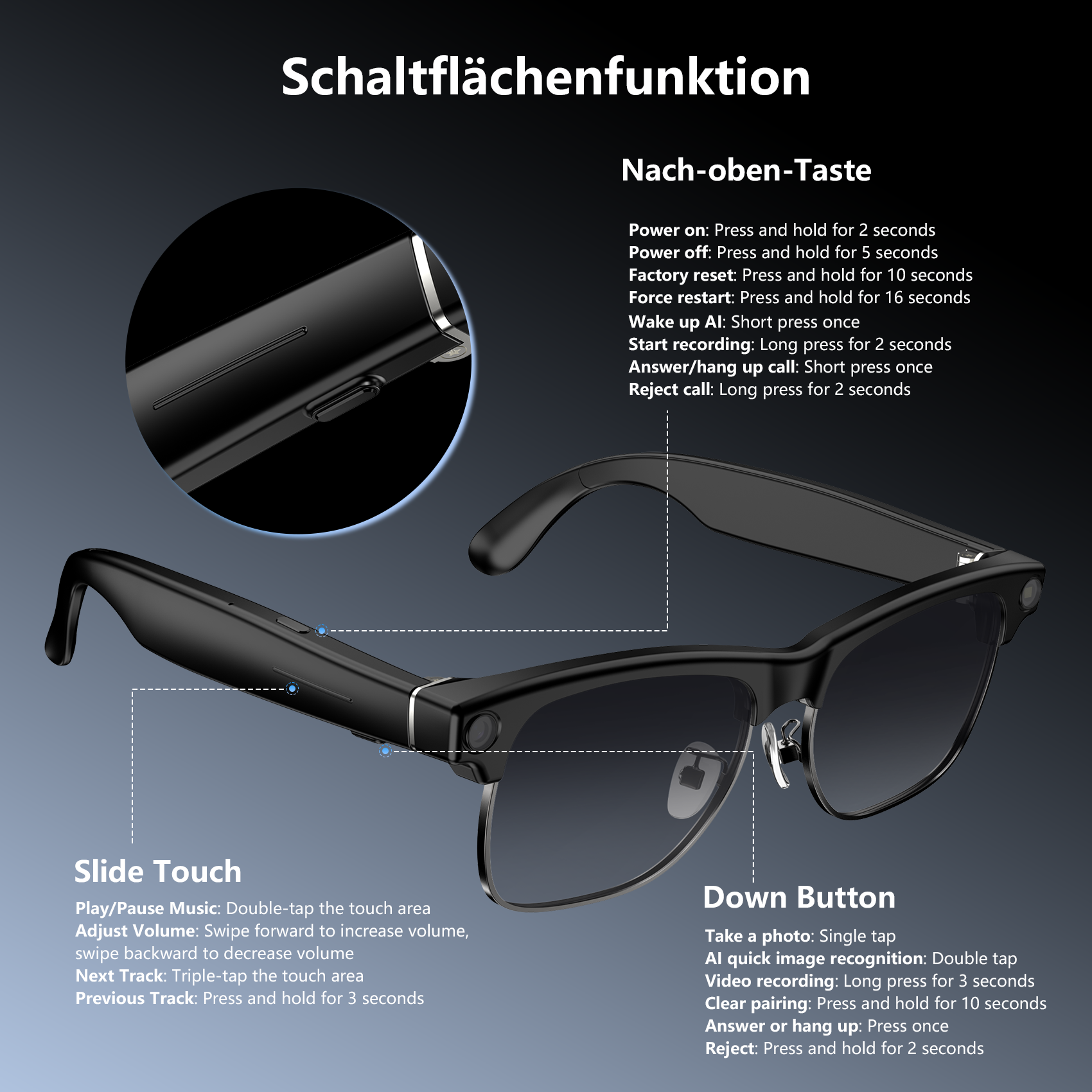 Schwarze Smart-Brille mit Bedienungsanleitung für Tasten und Touch-Steuerung.