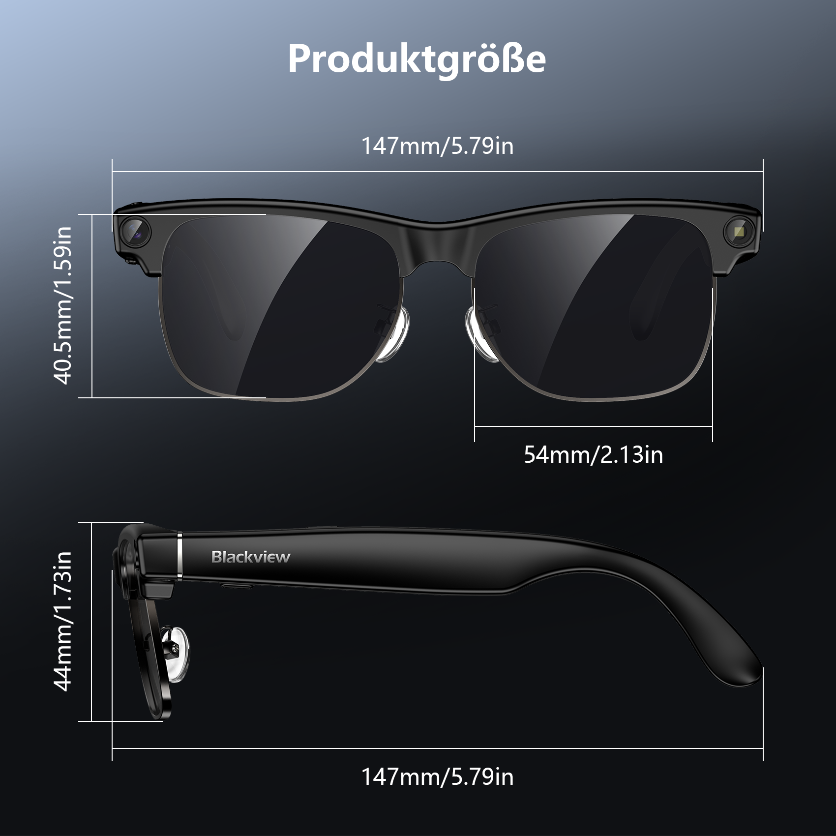 Schwarze Brille mit Kameras. Maße: 147x40.5x54mm.