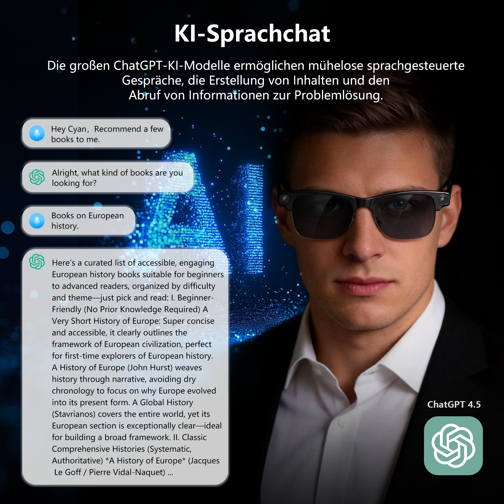 Mann mit Brille vor KI-Hintergrund, Chat-Dialog auf Deutsch, ChatGPT 4.5 Logo.