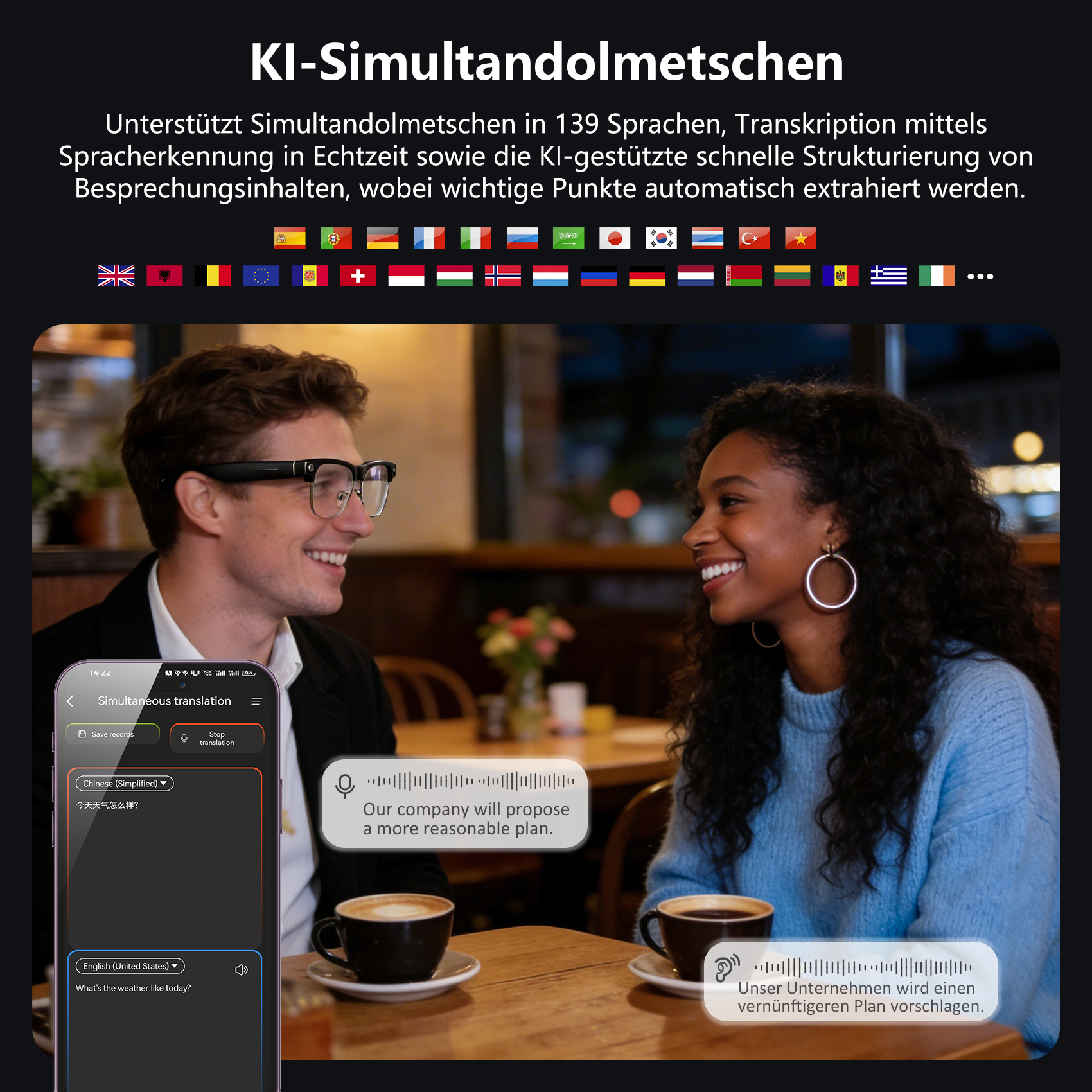 Ein Mann und eine Frau sitzen sich bei Kaffees gegenüber. Eine App übersetzt ihre Gespräche.