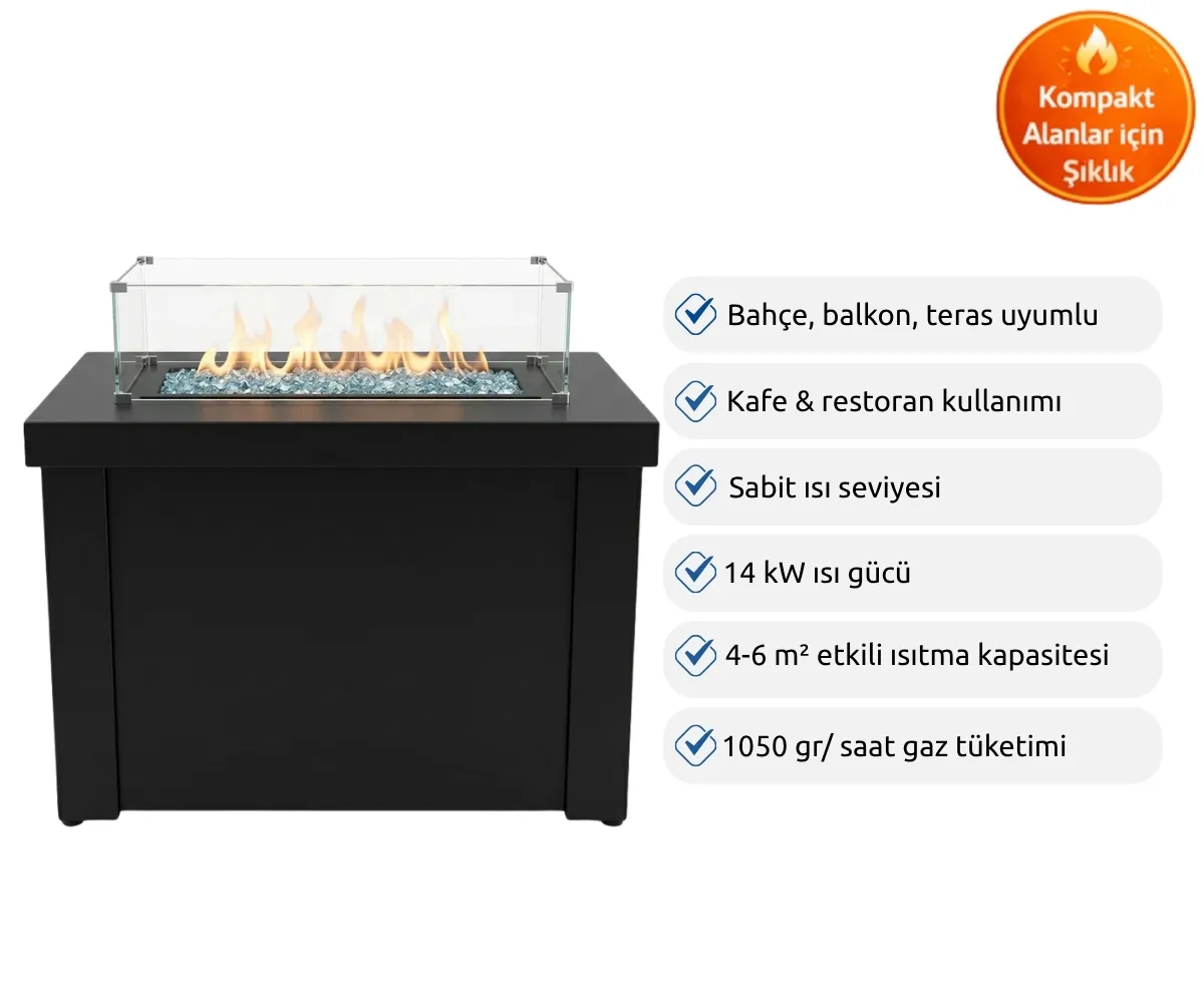 Siyah ateş çukuru masası, cam kaplamalı ve alevli.