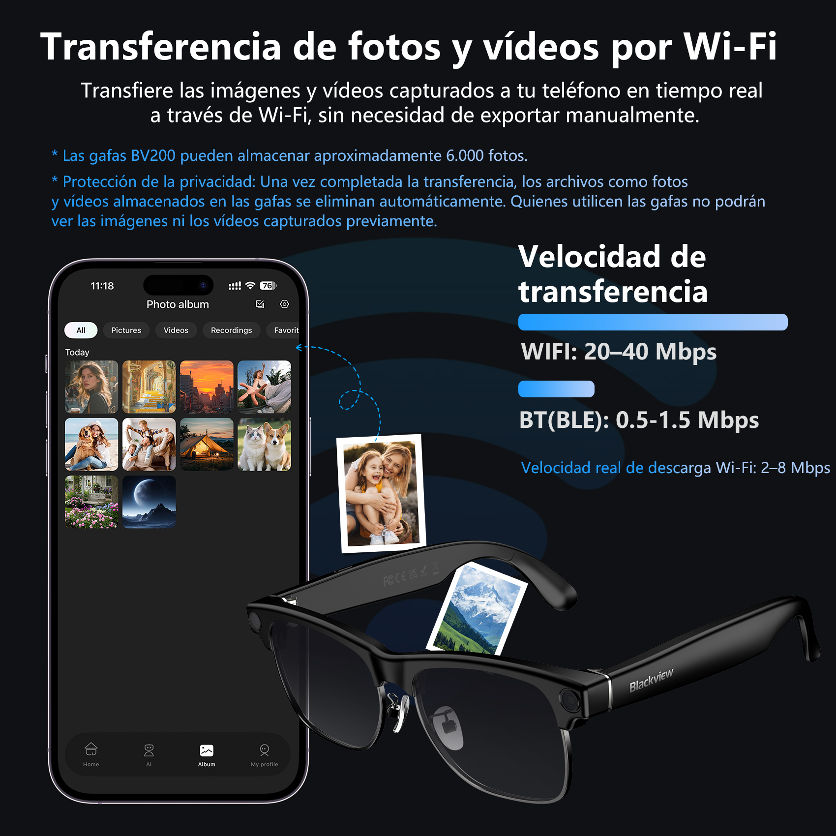 Gafas inteligentes y un smartphone muestran fotos y velocidades de transferencia.