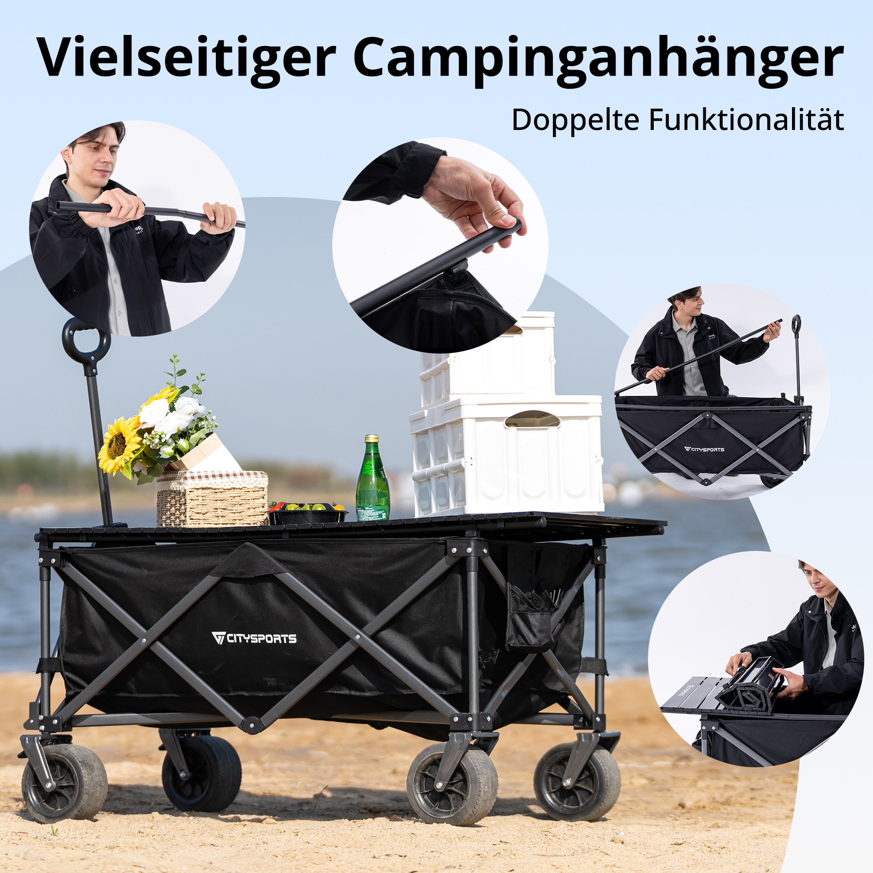 Een man demonstreert een zwarte campingkar met tafel, bloemen en fles.