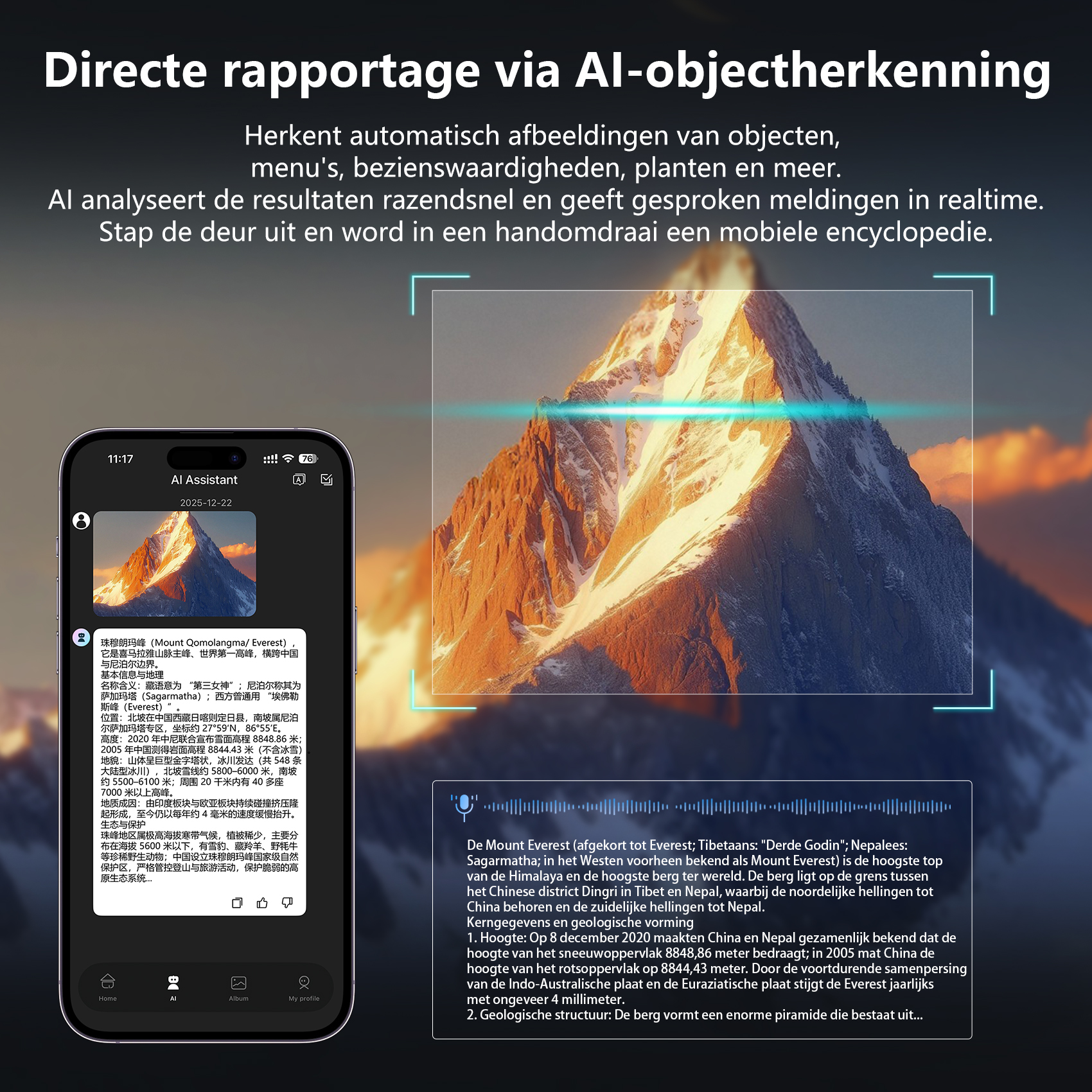 Een smartphone toont de Mount Everest, met details over hoogte en geologie.