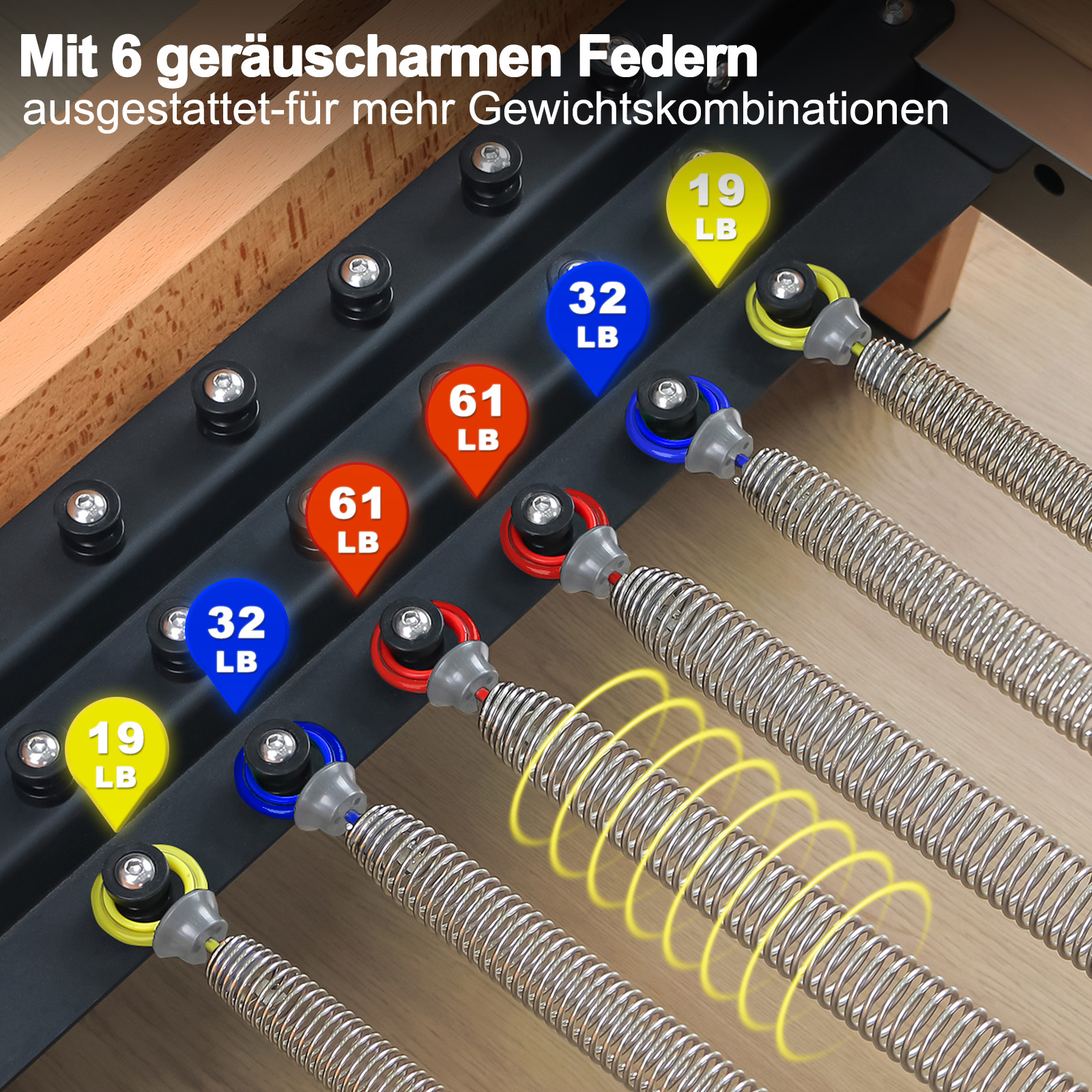 Geräuschlose Federn mit Markierungen für 19, 32 und 61 LB.