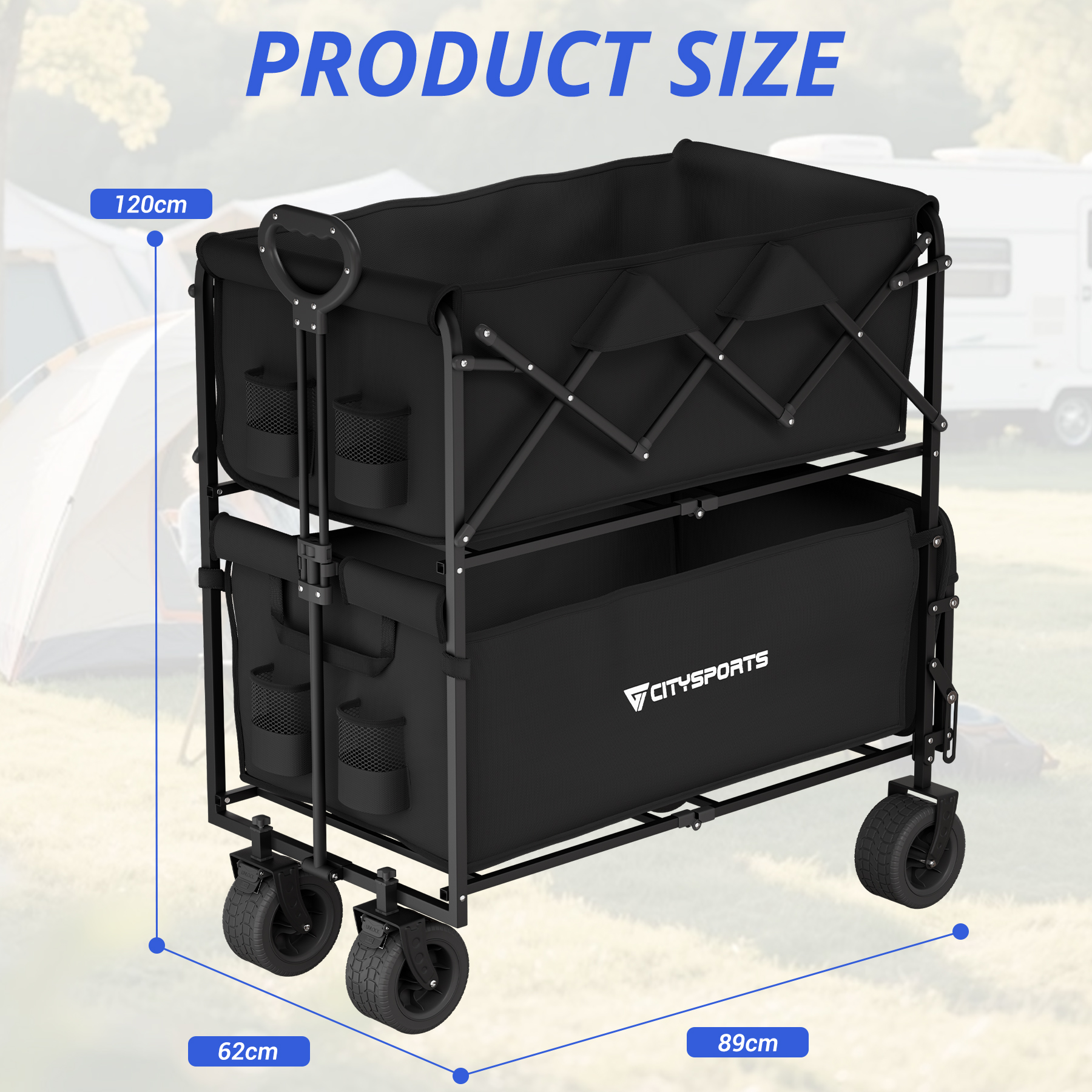 Inklapbare zwarte wagen met twee niveaus, wielen en handvat. Afmetingen 120x62x89cm.