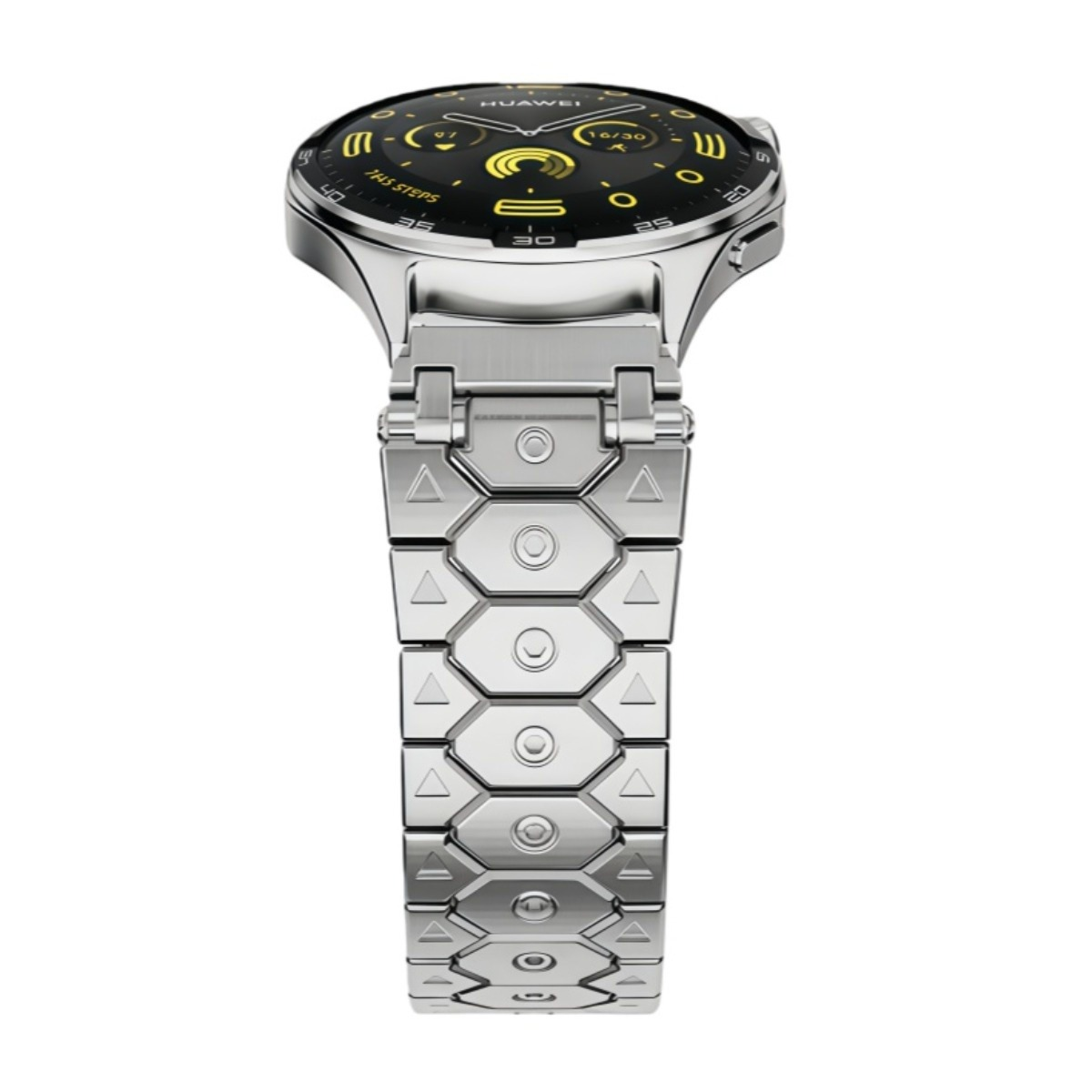 Smartwatch argentata con quadrante nero, accenti gialli e cinturino metallico.