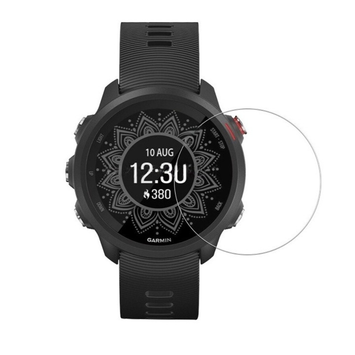 Uno smartwatch Garmin nero con quadrante mandala che mostra le 12:30.