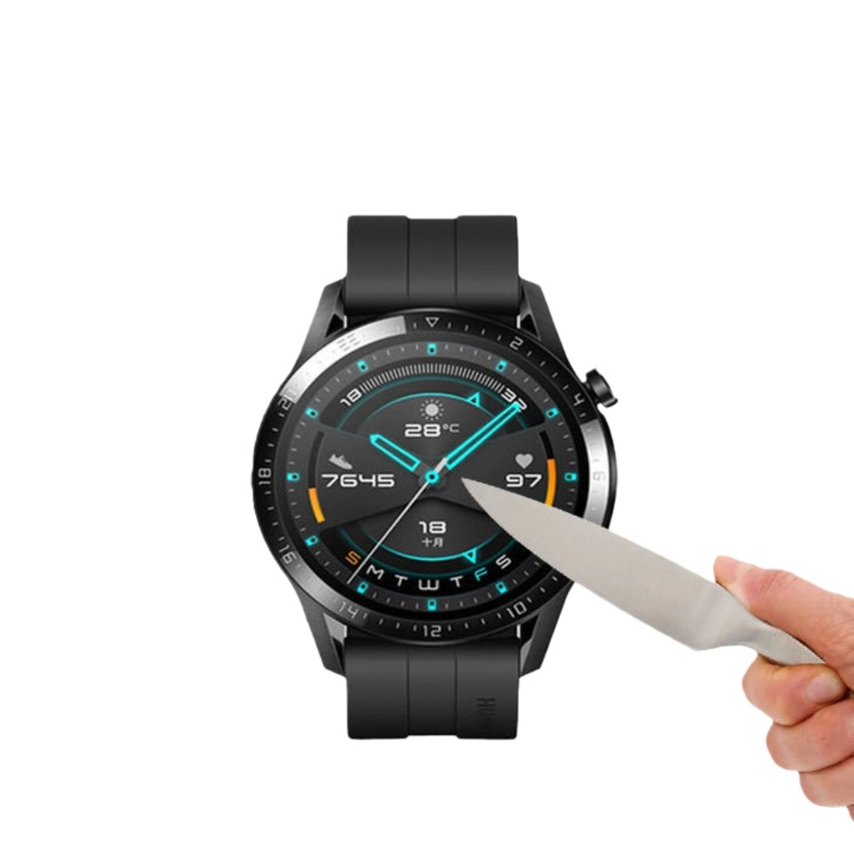 Un uomo taglia uno smartwatch con un coltello, mostrando la temperatura.
