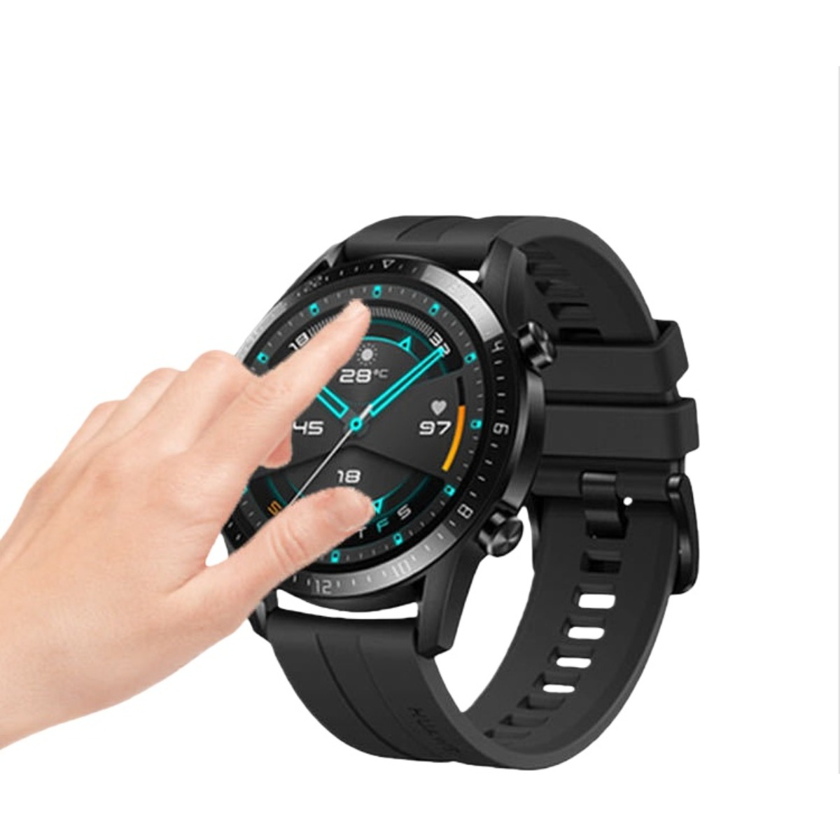 Una mano tocca lo schermo di uno smartwatch nero con display digitale blu.