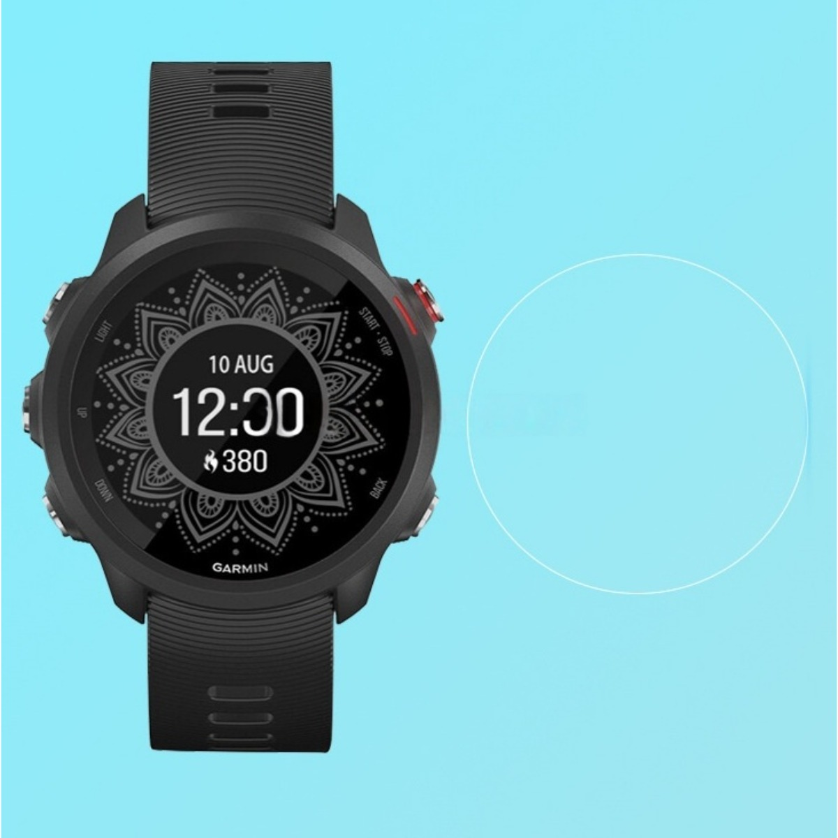Smartwatch Garmin nero con quadrante mandala che mostra le 12:00.