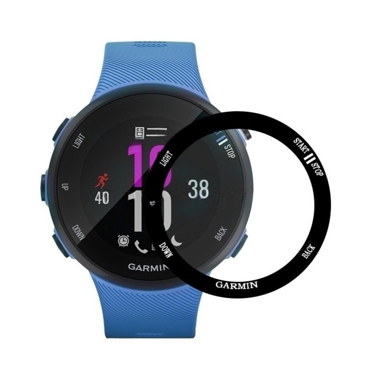 Quadrante orologio Garmin blu con anelli protettivi neri e icone.