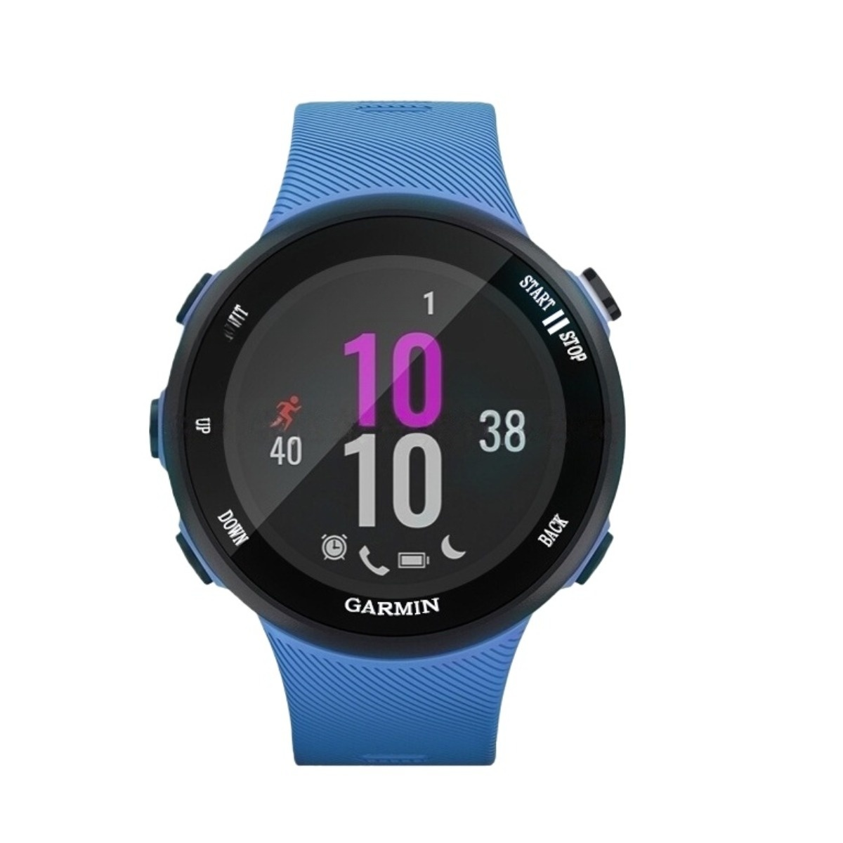 Un orologio da corsa Garmin blu con quadrante nero che mostra ora, passi e batteria.
