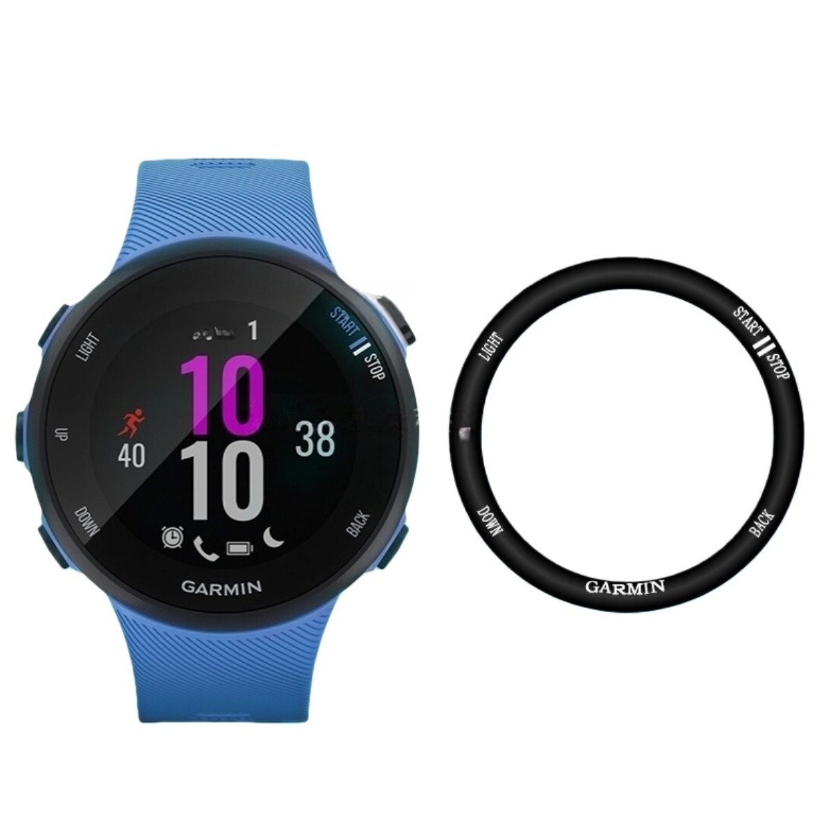 Uno smartwatch Garmin blu e una ghiera nera con testo.