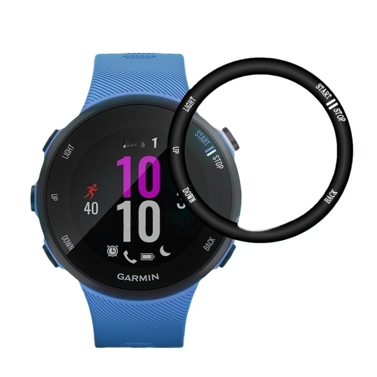 Orologio Garmin blu con anello nero ed etichette di testo.