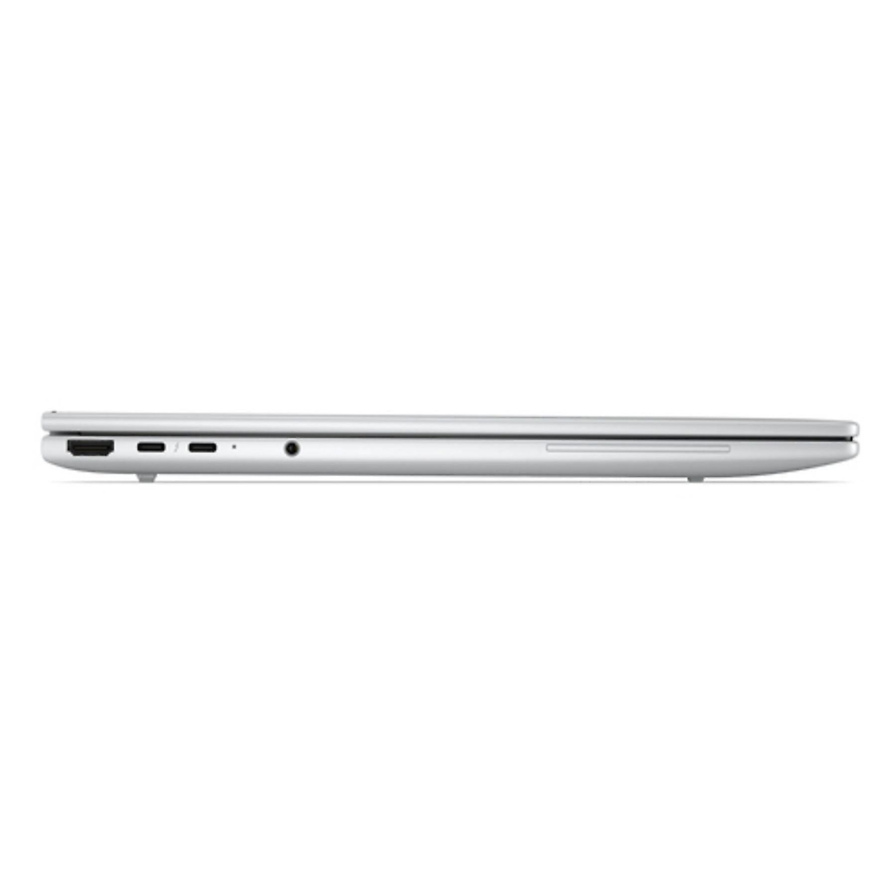 Un laptop argentato, vista laterale, con porte e profilo sottile.