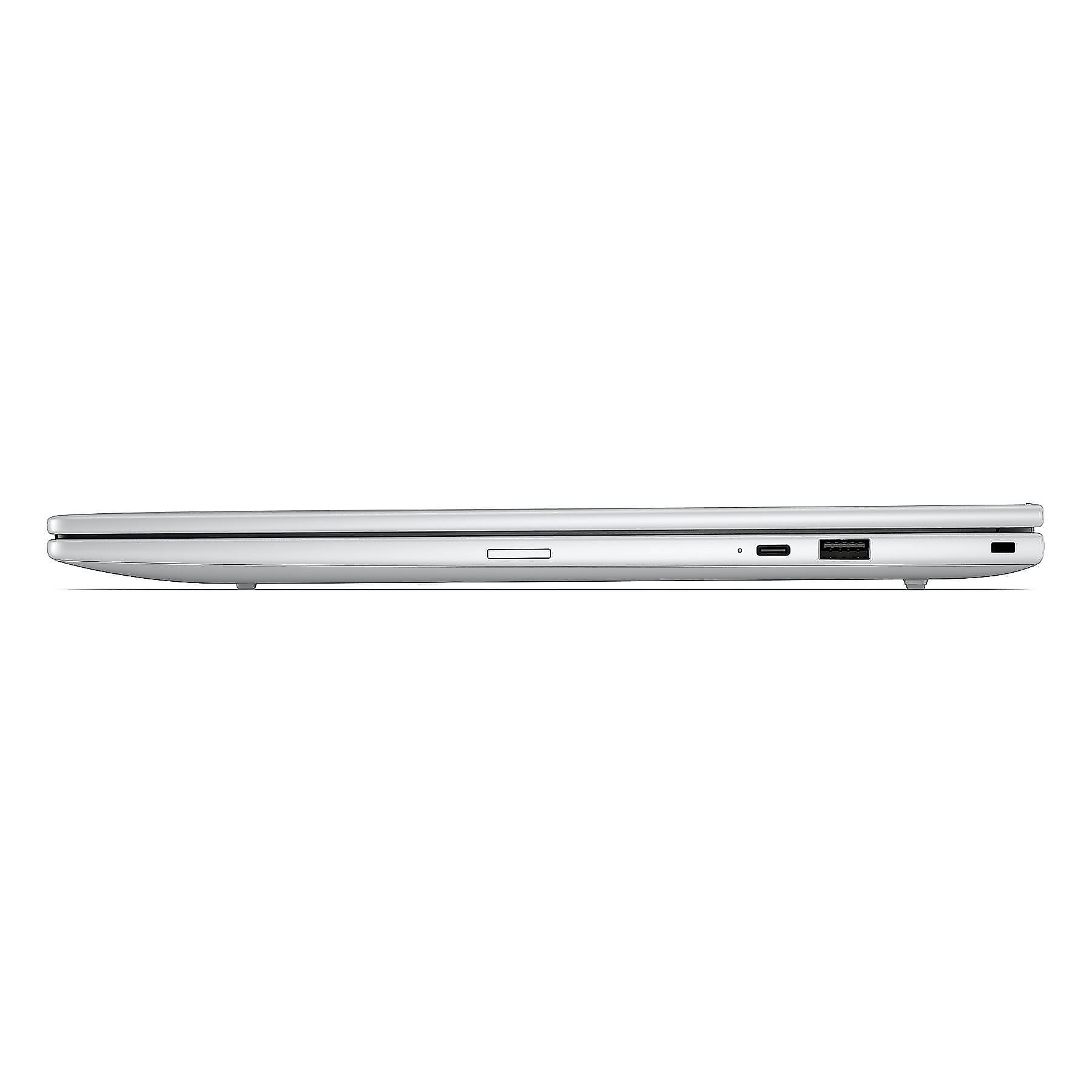 Vista laterale di un laptop argentato chiuso con porta USB.