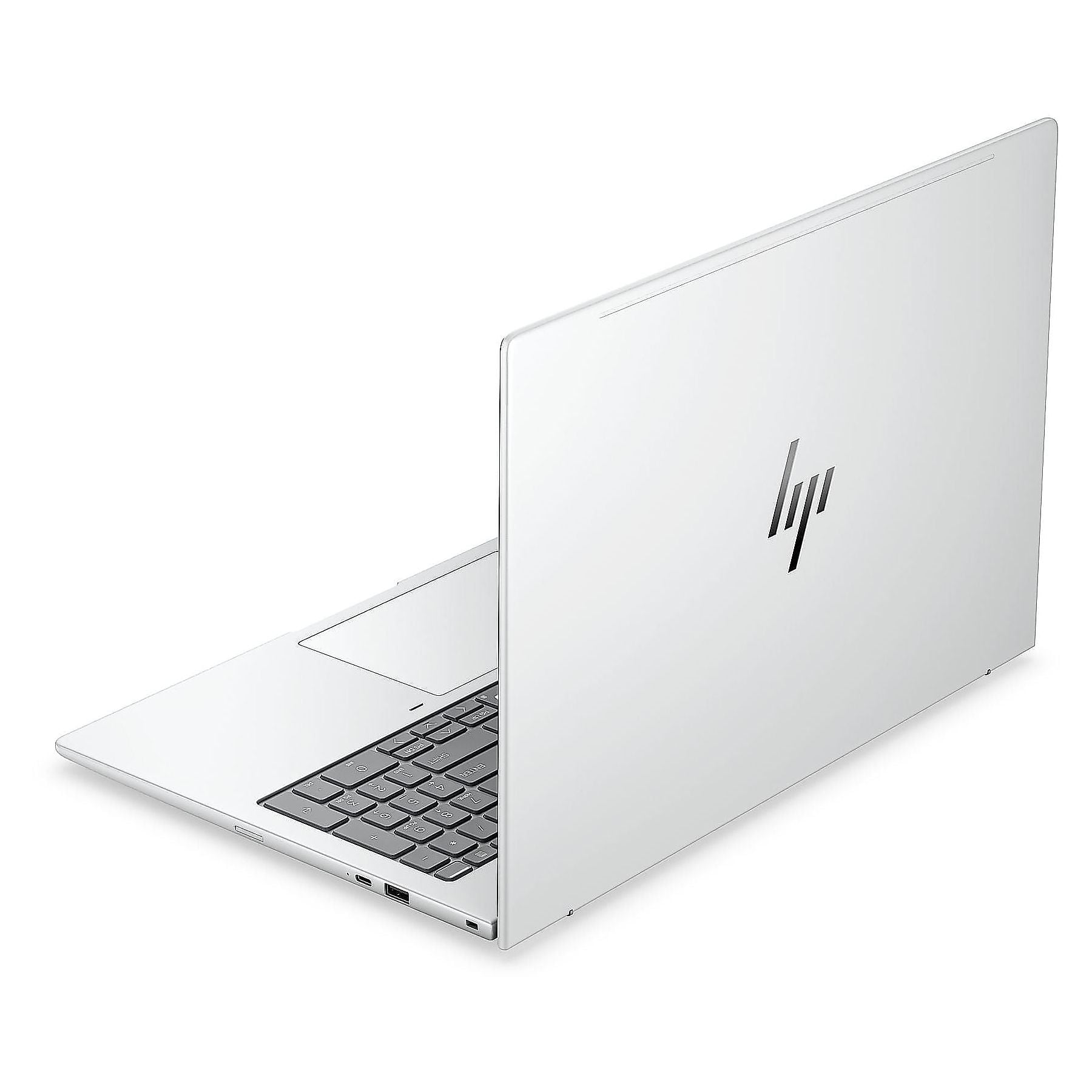 Laptop argento con logo HP, tastiera e porte su sfondo bianco.