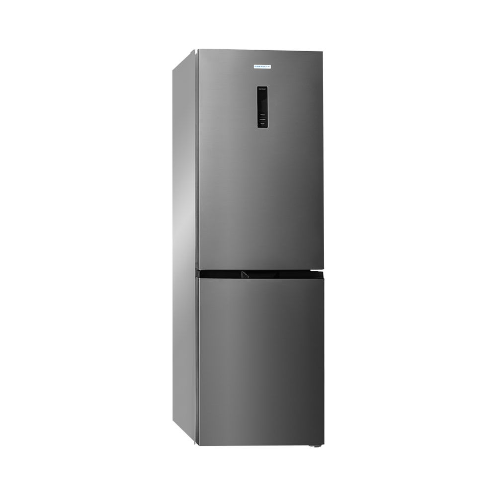 Un frigorifero moderno grigio a due porte con pannello display.