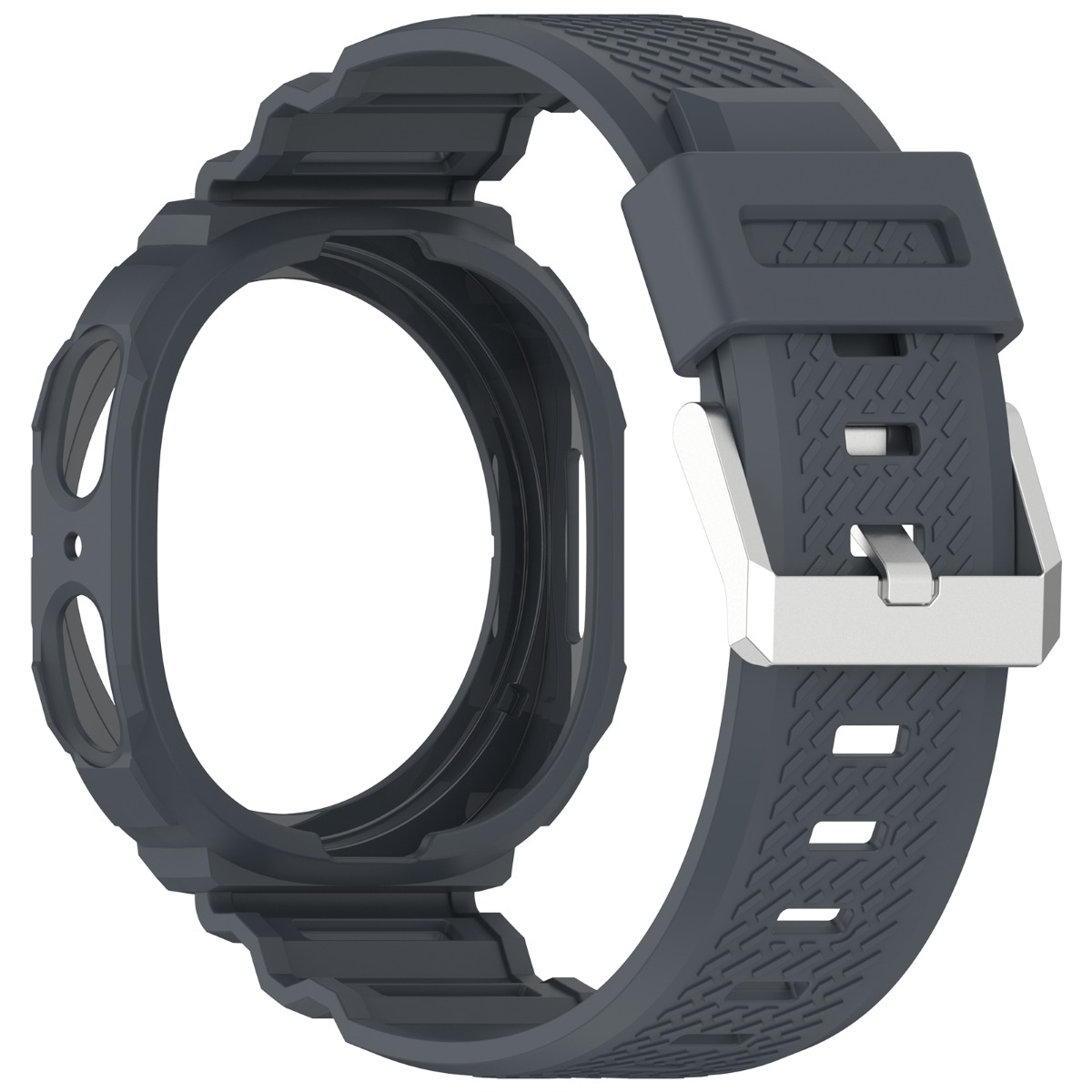 Cinturino per orologio grigio scuro con fibbia in metallo e custodia protettiva.