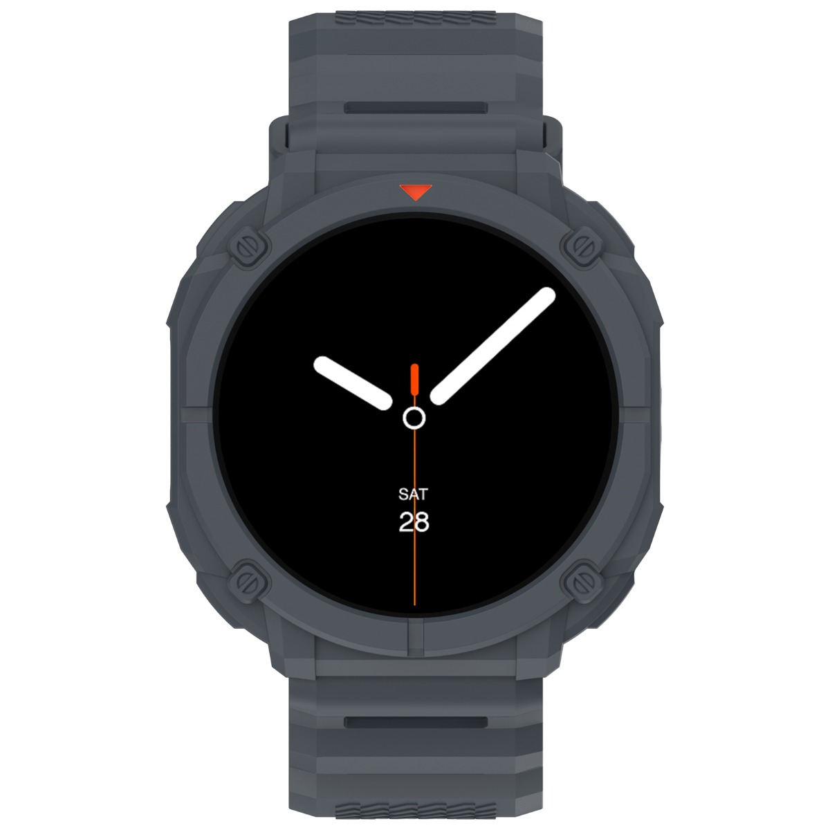 Smartwatch grigio con quadrante nero, mostra data 28, Sab.