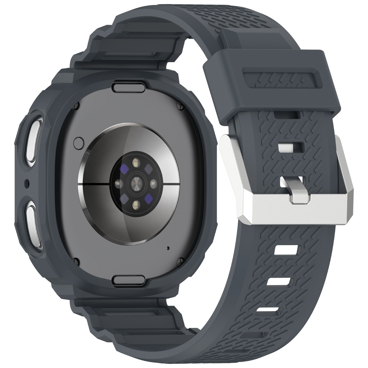 Retro di uno smartwatch grigio scuro con contatti di ricarica e cinturino in silicone.
