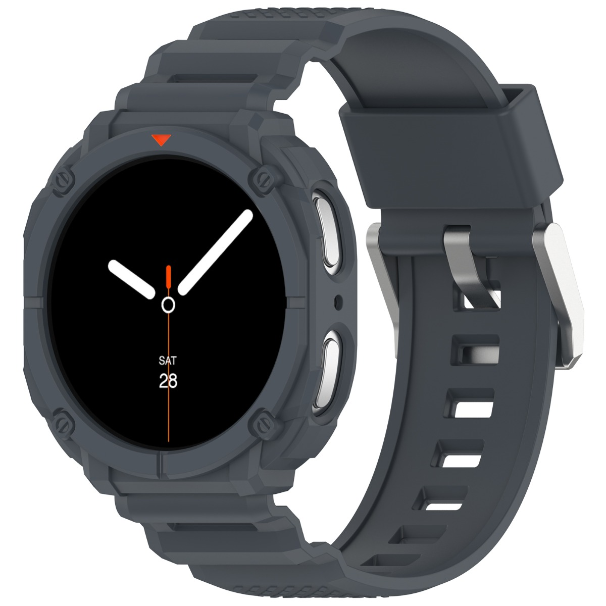 Smartwatch grigio scuro con quadrante digitale nero e fibbia argentata.