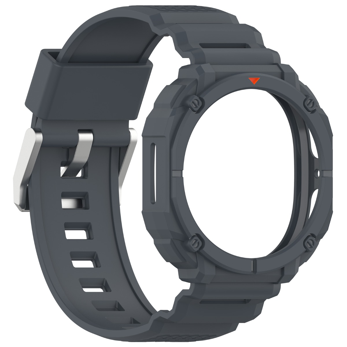 Un cinturino per orologio grigio scuro con fibbia in metallo e ghiera abbinata.
