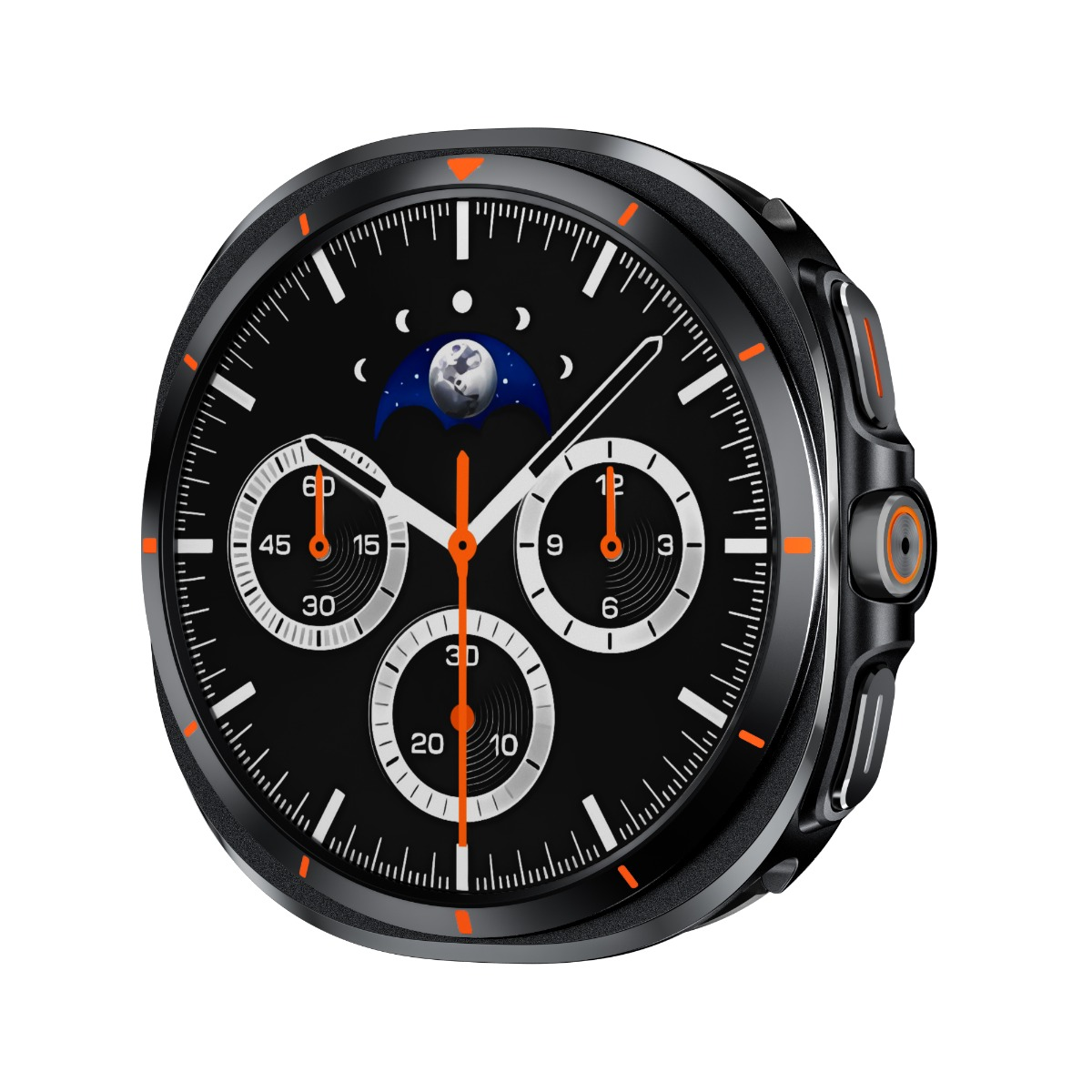 Quadrante nero dell'orologio con display fasi lunari e tre sotto-quadranti.