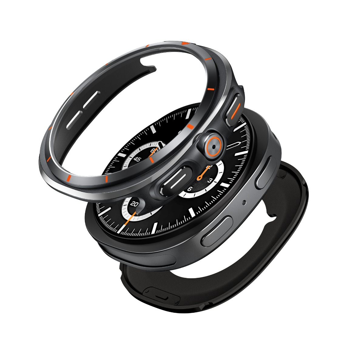 Una custodia grigia per orologio con accenti arancioni circonda un quadrante smartwatch.