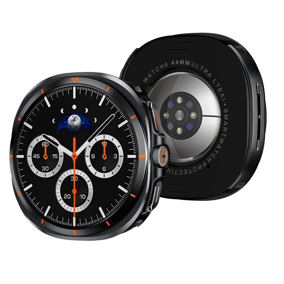 Due smartwatch neri con quadranti rotondi e accenti arancioni.