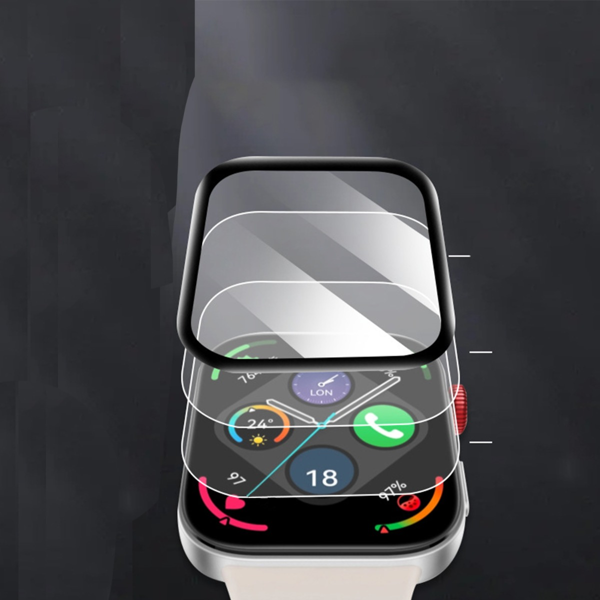 Tre protezioni schermo trasparenti sovrapposte a uno smartwatch che mostra meteo, ora e batteria.