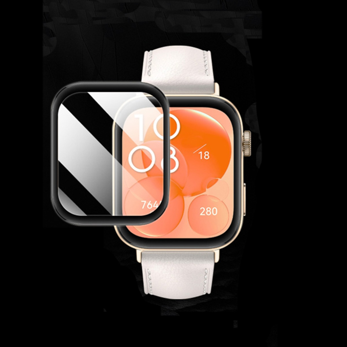 Una protezione schermo per uno smartwatch con cinturino bianco, su sfondo nero.