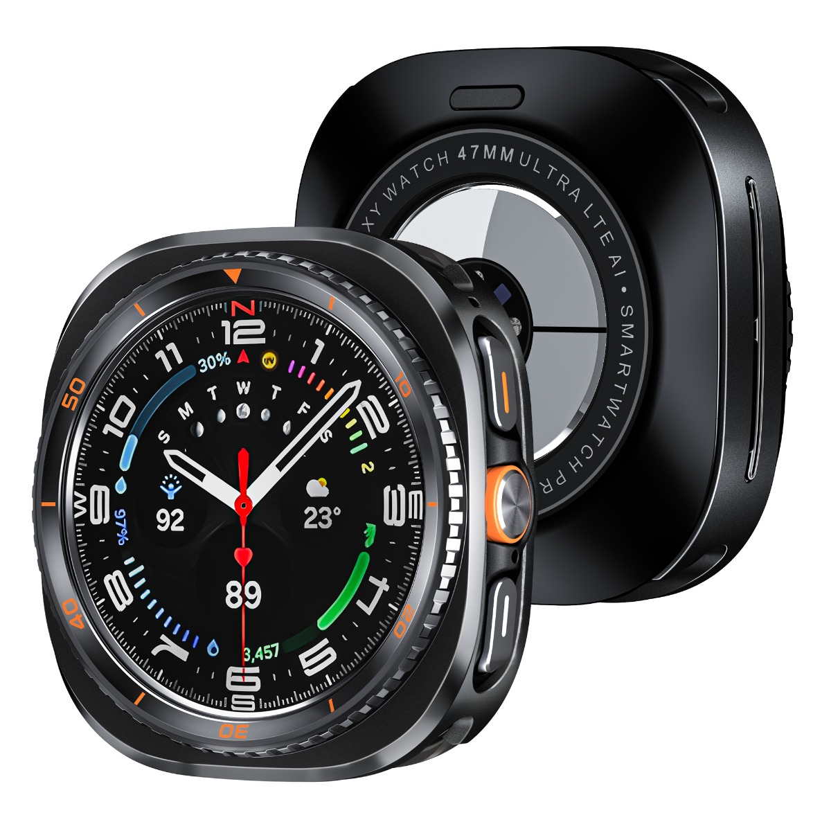 Eine schwarze Smartwatch mit schwarzem Gehäuse und einem Zifferblatt mit vielen Anzeigen.