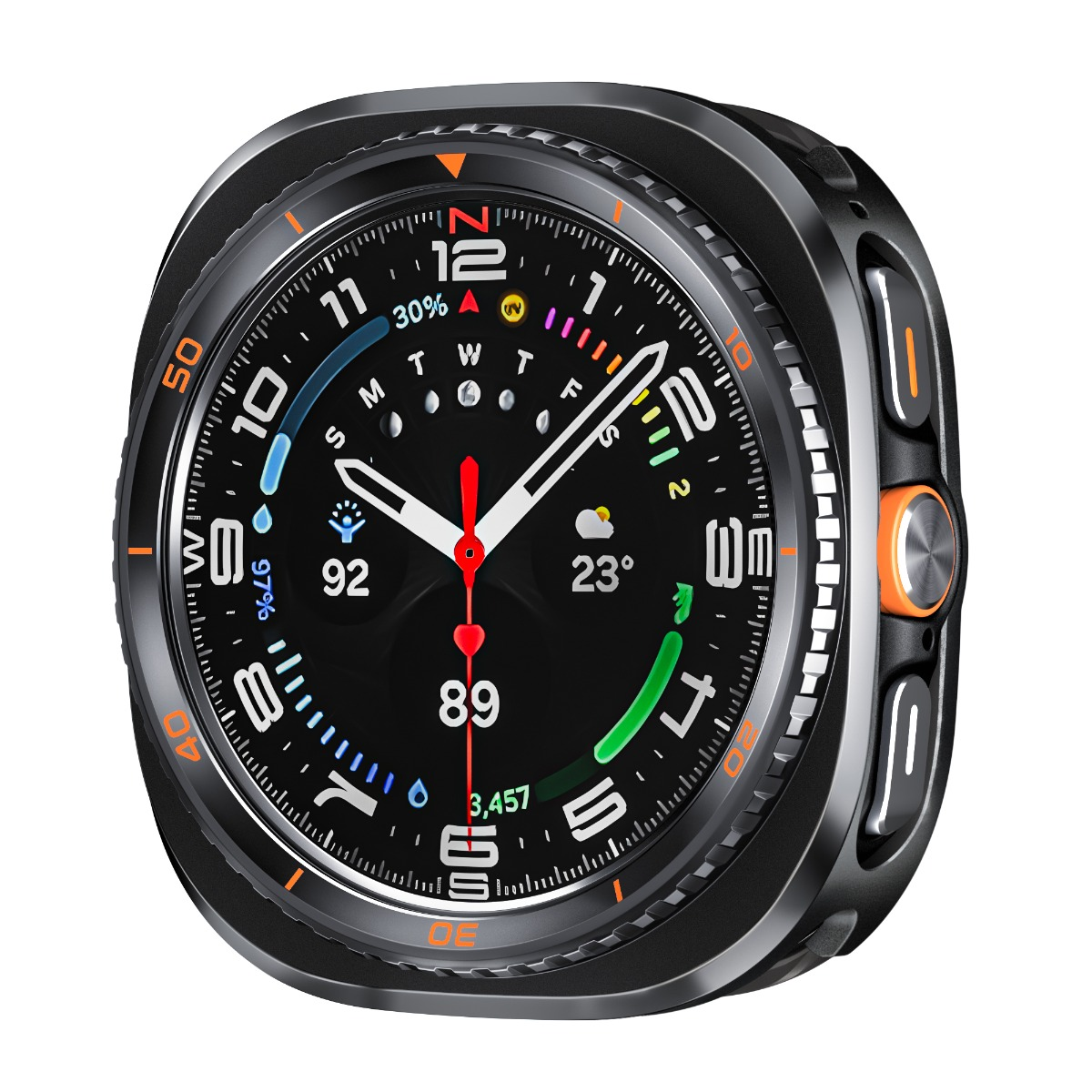 Eine Nahaufnahme einer schwarzen Smartwatch mit orangefarbenen Akzenten und einem digitalen Zifferblatt.