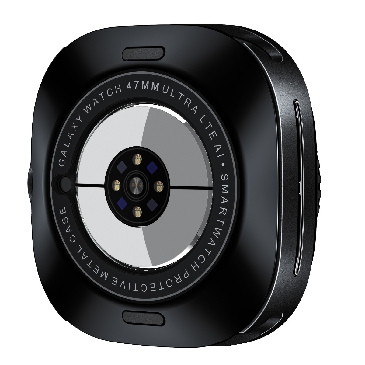 Retro di un Galaxy Watch 47mm nero con sensori e testo.